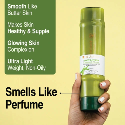 Hand holding Soulflower Aloe Vera Bamboo Hyaluronic Acid Body Lotion bottle with text highlighting benefits like smooth butter-like skin, healthy and supple texture, glowing complexion, ultra-lightweight formula, and Smell-like fragrance.