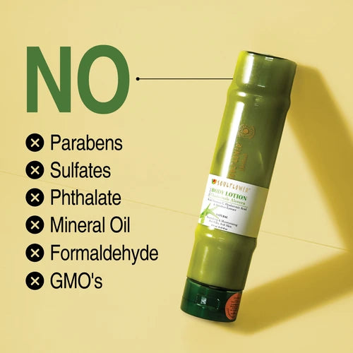 Soulflower Aloe Vera Bamboo Hyaluronic Acid Body Lotion bottle on a yellow background with a 'NO' list showing it's free from parabens, sulfates, phthalates, mineral oil, formaldehyde, and GMOs.