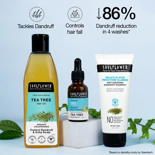 Soulflower Anti-Dandruff Routine, Tea Tree Hair Oil + Essential Oil + Salicylic Acid Shampoo, 72-Hour Dandruff Control Combo
