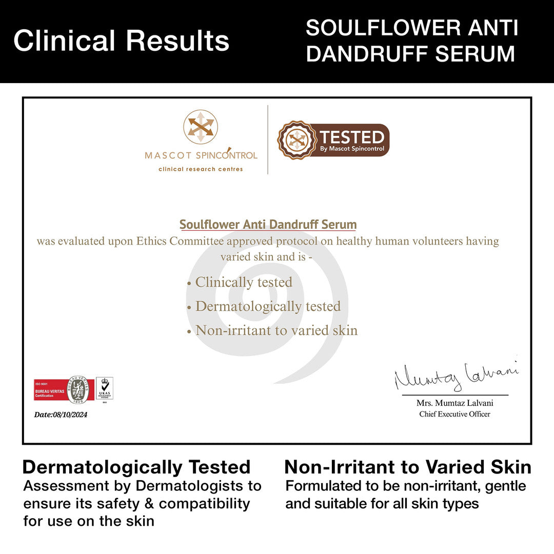 Soulflower Anti-Dandruff Serum Clinical Results – Clinically and Dermatologically Tested, Proven Non-Irritant to Varied Skin Types by Mascot Spincontrol.