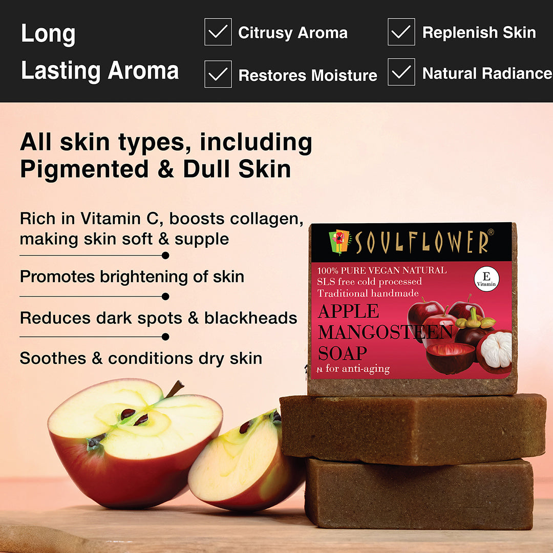 Soulflower Apple Mangosteen Soap – vegan, handmade soap for dull, pigmented skin, rich in Vitamin C to brighten, hydrate, and reduce dark spots.