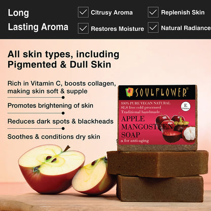 Soulflower Apple Mangosteen Soap – vegan, handmade soap for dull, pigmented skin, rich in Vitamin C to brighten, hydrate, and reduce dark spots.