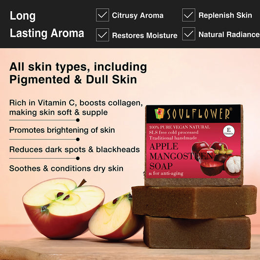 Soulflower Apple Mangosteen Soap – vegan, handmade soap for dull, pigmented skin, rich in Vitamin C to brighten, hydrate, and reduce dark spots.
