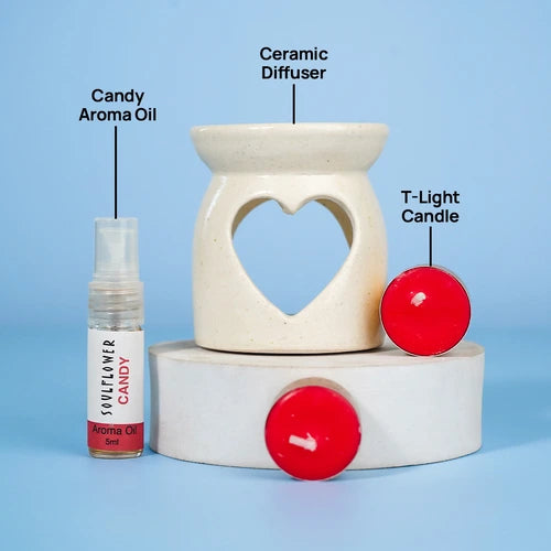 Soulflower Aroma Box Gift Set with Candy Aroma Oil, Ceramic Diffuser, and Red T-Light Candles, perfect for gifting.