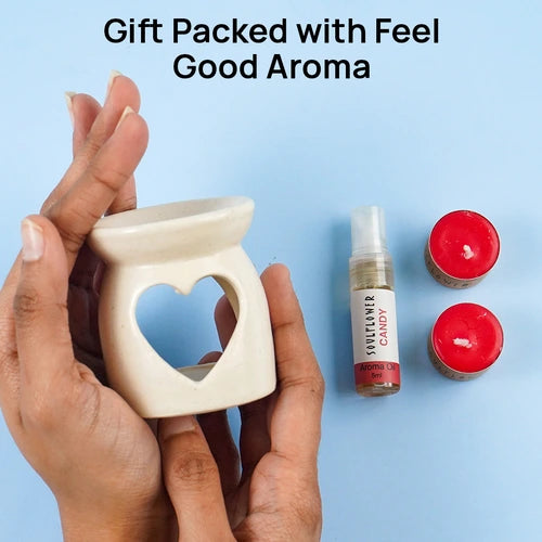 Soulflower Aroma Box Gift Set with Ceramic Diffuser, Candy Aroma Oil, and Red T-Light Candles, perfect for gifting and relaxation.