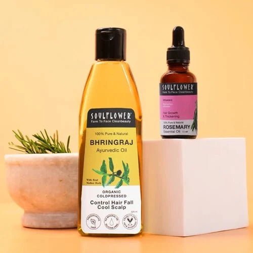 Bhringraj & Rosemary Oil Combo by Soulflower for Stress Hair Fall, Hair Growth & Scalp Health, Cold-Pressed Ayurvedic, Natural, Vegan, Men & Women