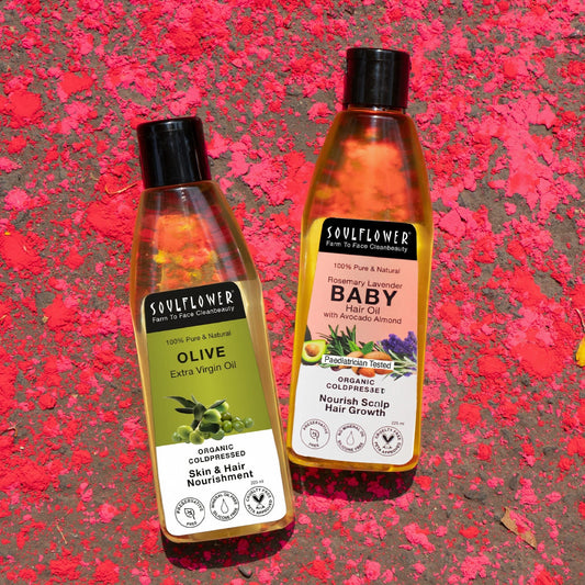 Soulflower Baby Nourishment Duo — extra virgin olive oil and rosemary lavender baby hair oil for gentle skin and scalp care