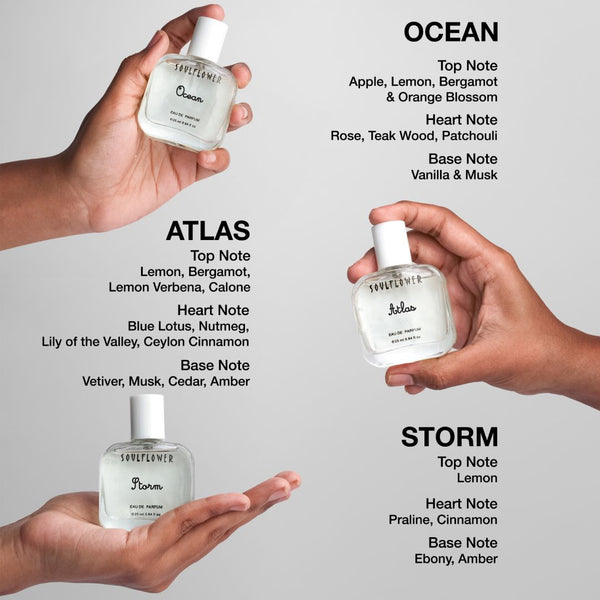 Bespoke Eau De Parfum Trio for men – long-lasting, vegan fragrances with Ocean, Atlas & Storm scents for every mood and occasion