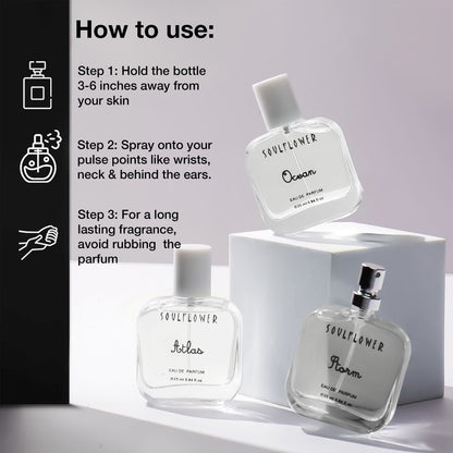 How to use Eau De Parfum Trio – spray on pulse points for a long-lasting, refreshing fragrance experience.