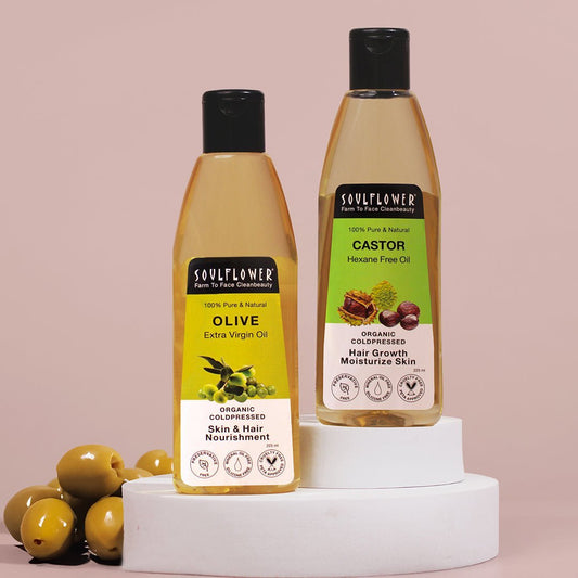 Soulflower Castor & Olive Oil Hair Combo, Hexane-Free Castor + Extra Virgin Olive Oil, Hair Growth & Nourishment Duo