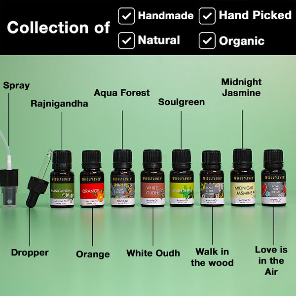 Collection of natural and organic aroma oils which are handmade, natural and organic