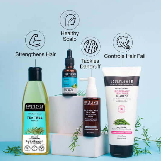 Soulflower Complete Anti-Dandruff Routine — serum, tea tree scalp oil, essential oil and shampoo for 86% less dandruff in 4 washes