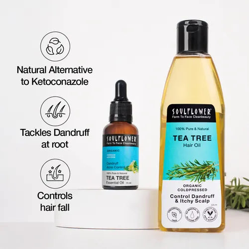 Tea Tree Dandruff Hair Oil & Essential Oil combo – natural scalp treatment for dandruff, dryness, and hair regrowth; nourishes roots and strengthens follicles.