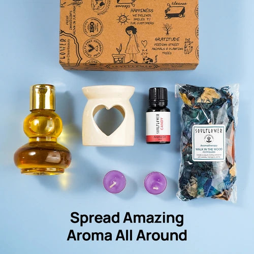 Soulflower Delight Gift Box with Ceramic Diffuser, T-Light Candles, Essential Oil, and Dried Petals, perfect for spreading a pleasant aroma.
