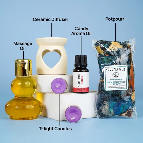 Soulflower Delight Gift Box with diffuser, aroma oil, potpourri, candles, and massage oil.