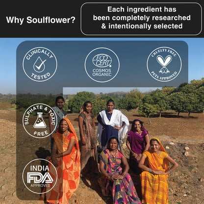 Group of rural women in a field featured in a Soulflower Epsom Bath Salt banner, highlighting certifications like clinically tested, COSMOS organic, cruelty-free, sulphate and toxic-free, and India FDA approved.