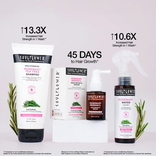 Soulflower Hair Growth Trio with Rosemary — Redensyl serum, rosemary mint water spray and tea tree shampoo for 45-day visible growth