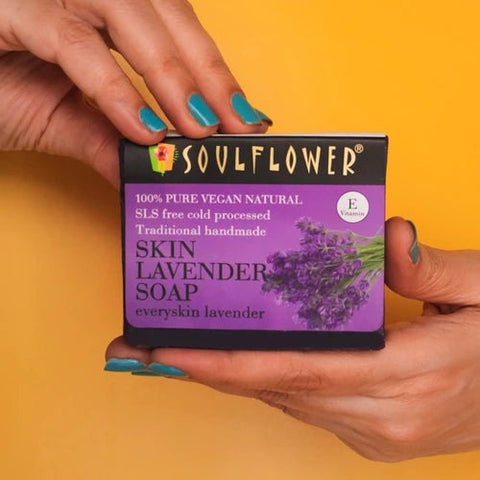 Soulflower Gentle Calming Lavender Soap, a moisturizing lavender soap for soft skin, handmade with lavender essential oil
