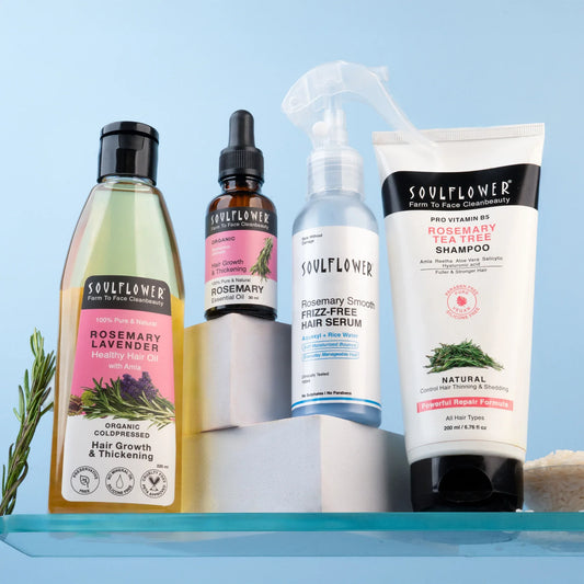 4X Anti-Thinning & Anti-Frizz Kit by Soulflower with Rosemary Lavender Oil, Essential Oil, Tea Tree Shampoo & Frizz Serum for Hair Fall & Hair Growth
