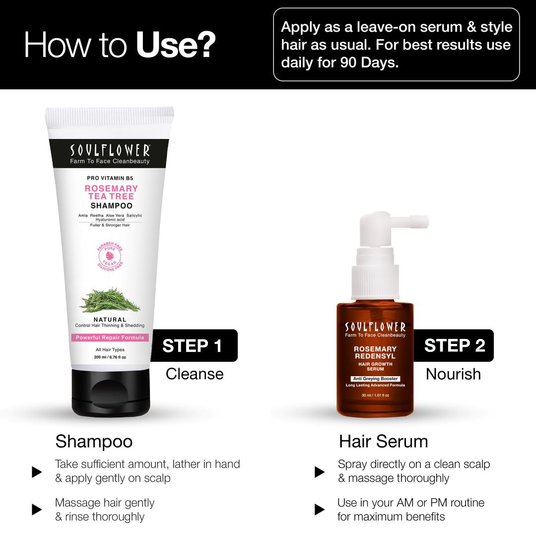 How to use rosemary tea tree shampoo and redensyl hair serum for hair growth