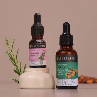 Soulflower Rosemary Essential Oil + Argan Carrier Oil Combo: Tames Frizz, Promotes Hair Growth & Controls Dryness Naturally