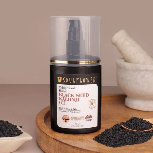 Soulflower Black Seed Kalonji Hair & Skin Oil, 100% Pure Cold-Pressed Herbal Oil, Nourishes Hair & Glowing Skin Naturally