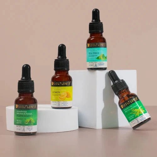 Lemon, Eucalyptus, Tea Tree & Peppermint Essential Oils Set by Soulflower for Breathe Easy, Aromatherapy, Hair & Skin, Pure, Natural, Vegan