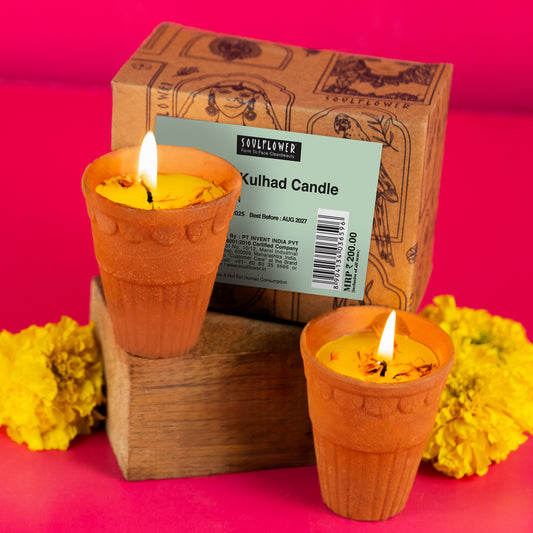 Soulflower Kesar Kulhad Candle Pack of 2 — handcrafted saffron-scented soy candles in terracotta kulhads