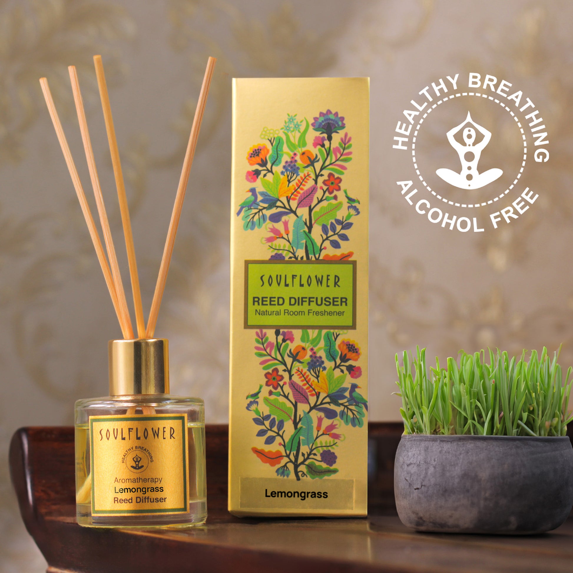 Soulflower Lemongrass Aroma Reed Diffuser, Natural Air Freshener, Keeps Bugs & Insects Away, Eliminates Bad Odour, Festive Decor, Refillable