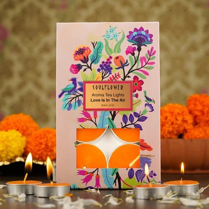 Soulflower Love Is In The Air T-Light Candles — hand-poured tea light set with 1.5 hour burn time and romantic floral aroma