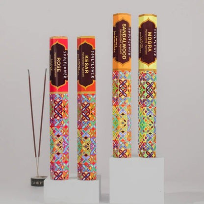 Luxury Agarbatti Set for Puja, Meditation & Home Fragrance: Mogra, Chandan, Rose, Kesar Hand-Crafted Incense Sticks