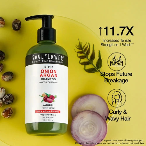 Onion Argan Shampoo By Soulflower stops hair breakage best for curly and wavy hair