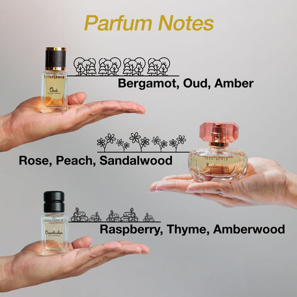 Perfume notes Oud - bergamot oud amber, 
Mysterious - Rose Peach Sandalwood,
Overthinker - Raspberry, Thyme, Amberwood