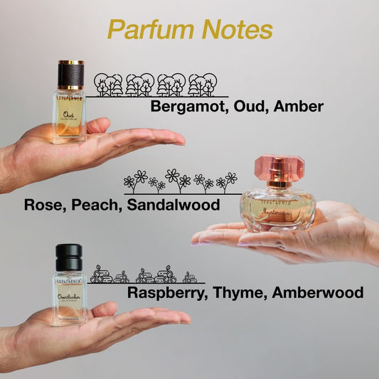 Perfume notes Oud - bergamot oud amber, 
Mysterious - Rose Peach Sandalwood,
Overthinker - Raspberry, Thyme, Amberwood