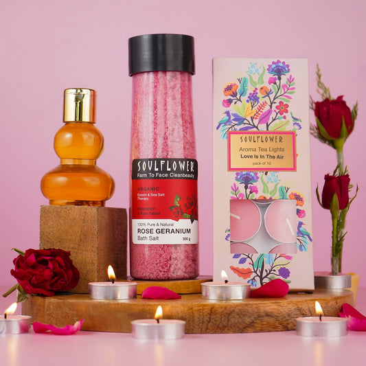 Stress-free self-care combo with romance massage oil, rose geranium bath salt and t-light candles