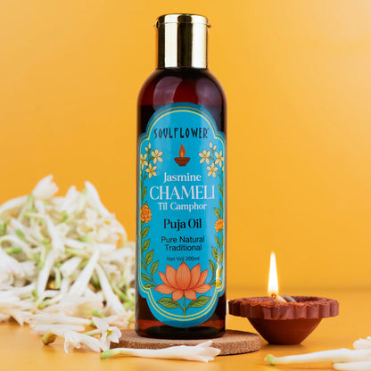 Everyday Pure Chameli Til Puja Oil by Soulflower for Daily Worship, Diya Lighting, Long-Lasting Aroma, Smoke-Free, Soot-Free with Pure Gingelly