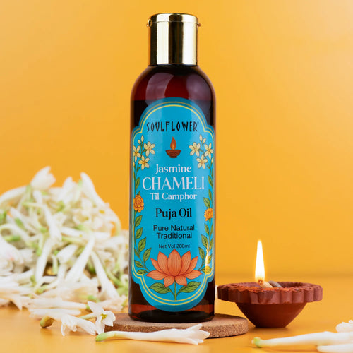 Everyday Pure Chameli Til Puja Oil by Soulflower for Daily Worship, Diya Lighting, Long-Lasting Aroma, Smoke-Free, Soot-Free with Pure Gingelly