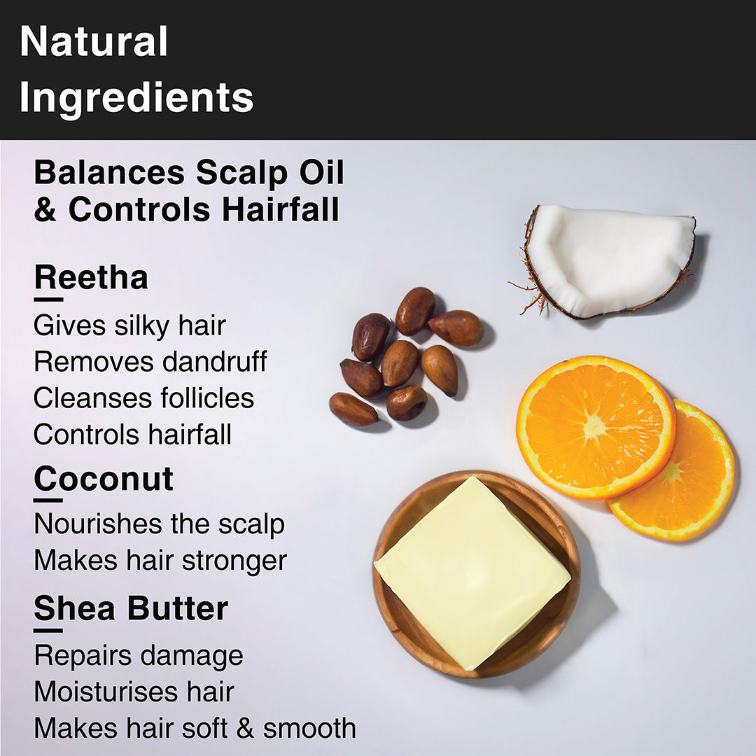 Natural ingredients in Reetha Coconut Milk Hair Cleansing Bar to balance scalp oil and control hairfall