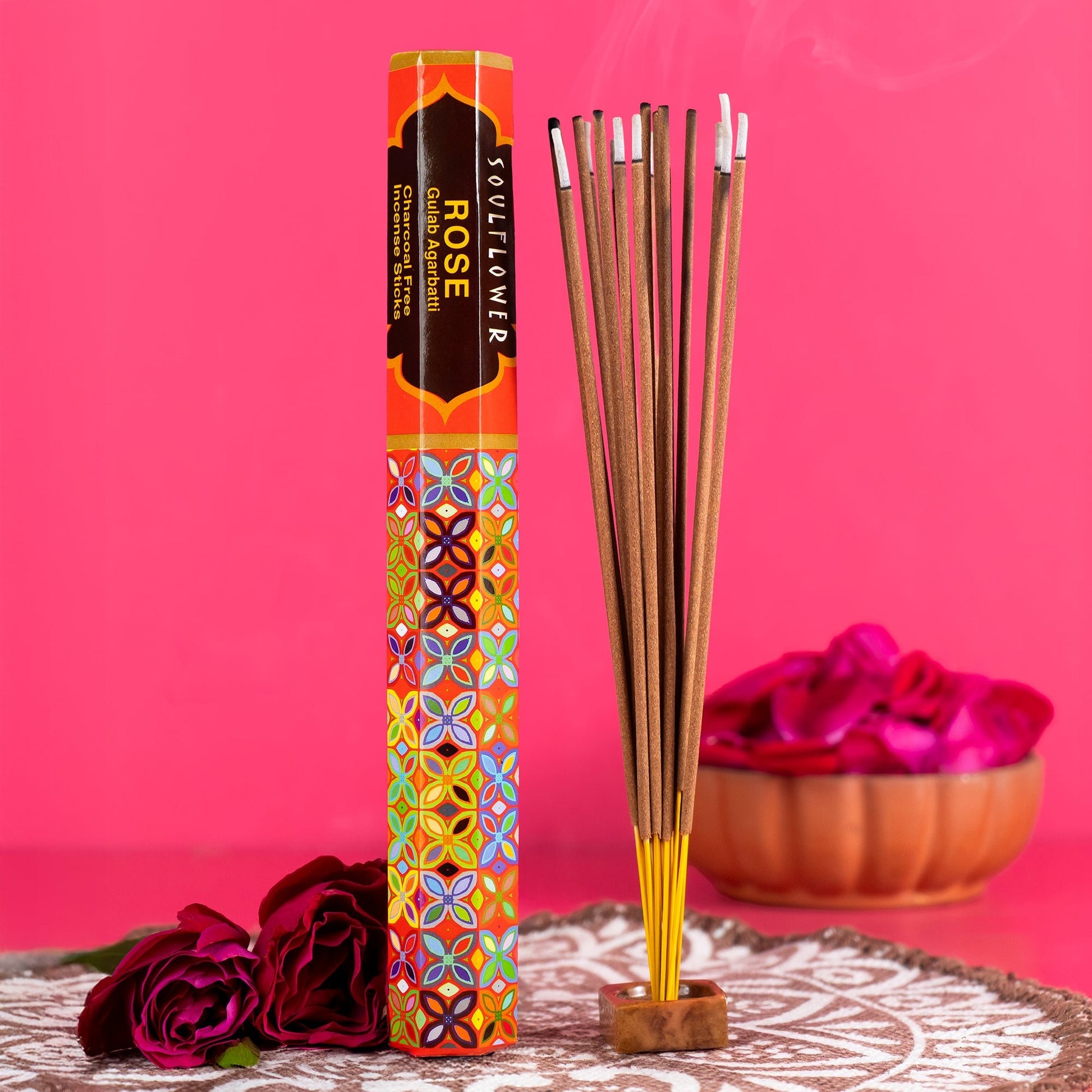 Rose luxury agarbatti – charcoal-free incense sticks for meditation and puja rituals. 30-min long burn


