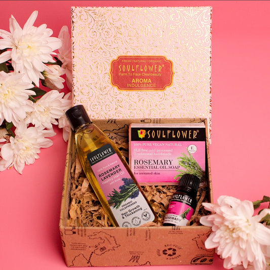 Rosemary gift hamper with rosemary essential oil, soap and rosemary lavender hair oil for hair growth and for irritated skin