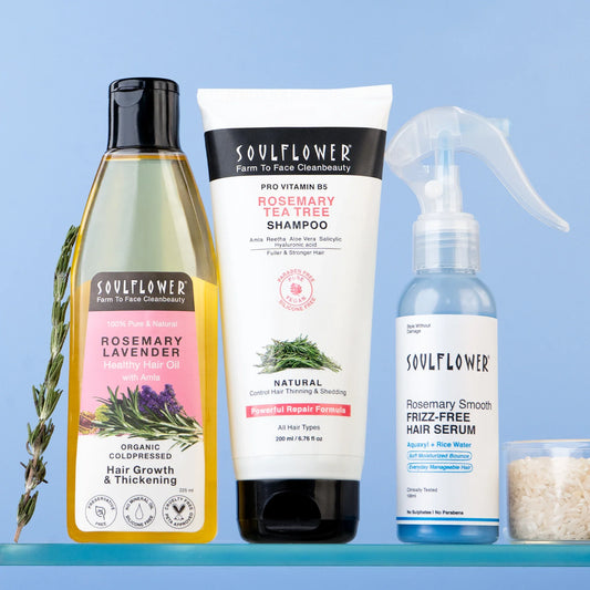 Soulflower 3X Anti-Thinning & Anti-Frizz Routine, Rosemary Lavender Oil + Tea Tree Shampoo + Smooth Hair Serum