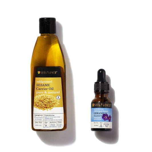 Geranium essential oil and cold-pressed sesame carrier oil combo for lustrous, dandruff-free hair – 100% natural