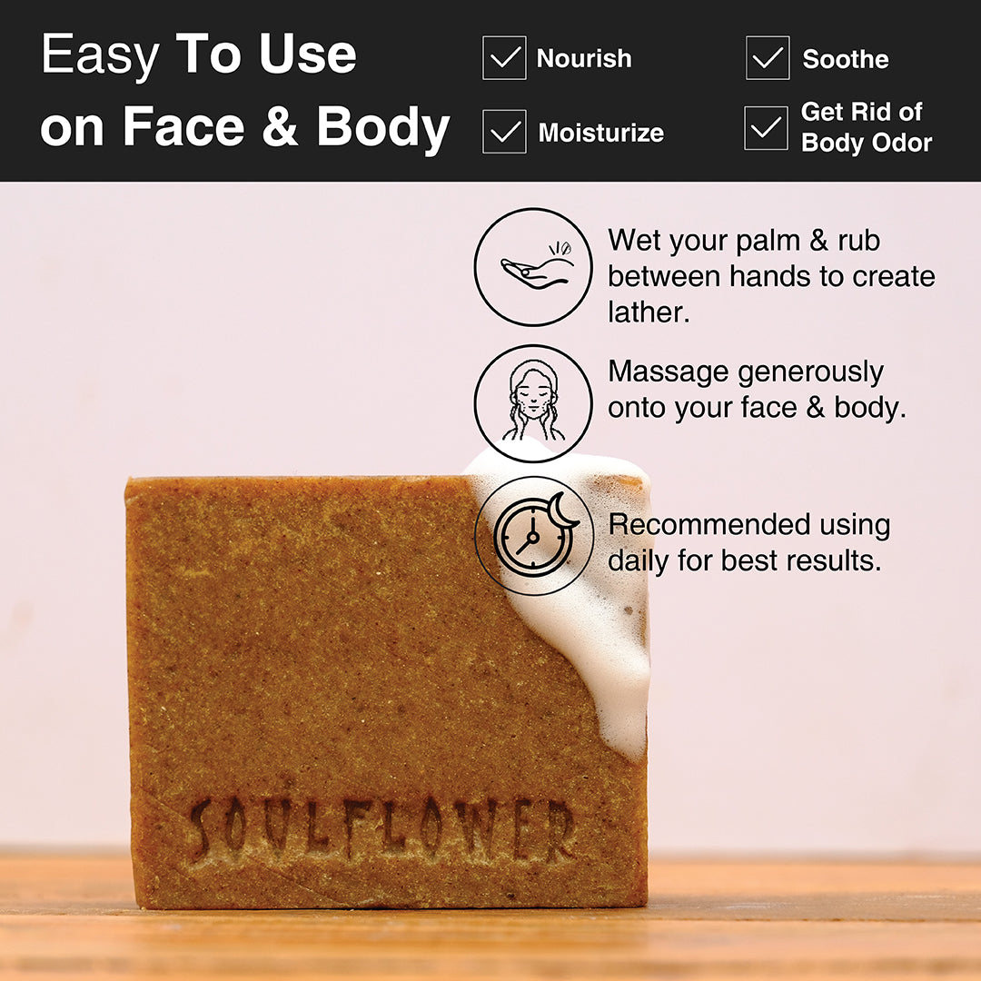 Easy to use organic homemade sandalwood soap on face and body.