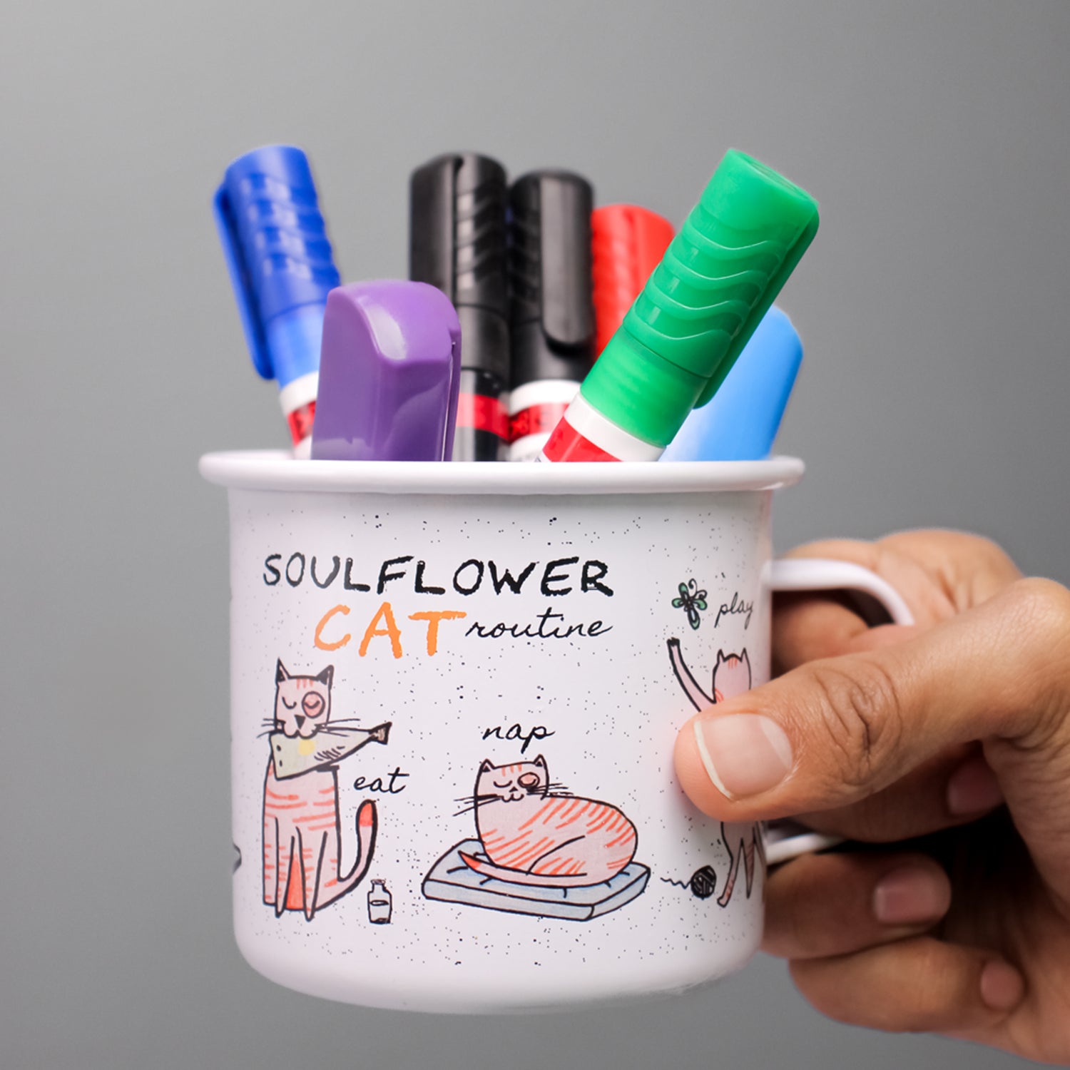 Soulflower Enamel Cat Routine Mug, Cute Aesthetic Coffee Tea Mug, Durable Enamel Drinkware for Daily Use & Self-Care Routine