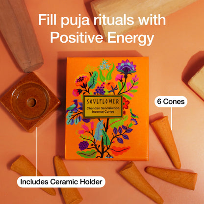 Soulflower Sandalwood Dhoop Cones Box of 6 – Natural, Charcoal-Free Incense for Spiritual and Meditative Ambiance