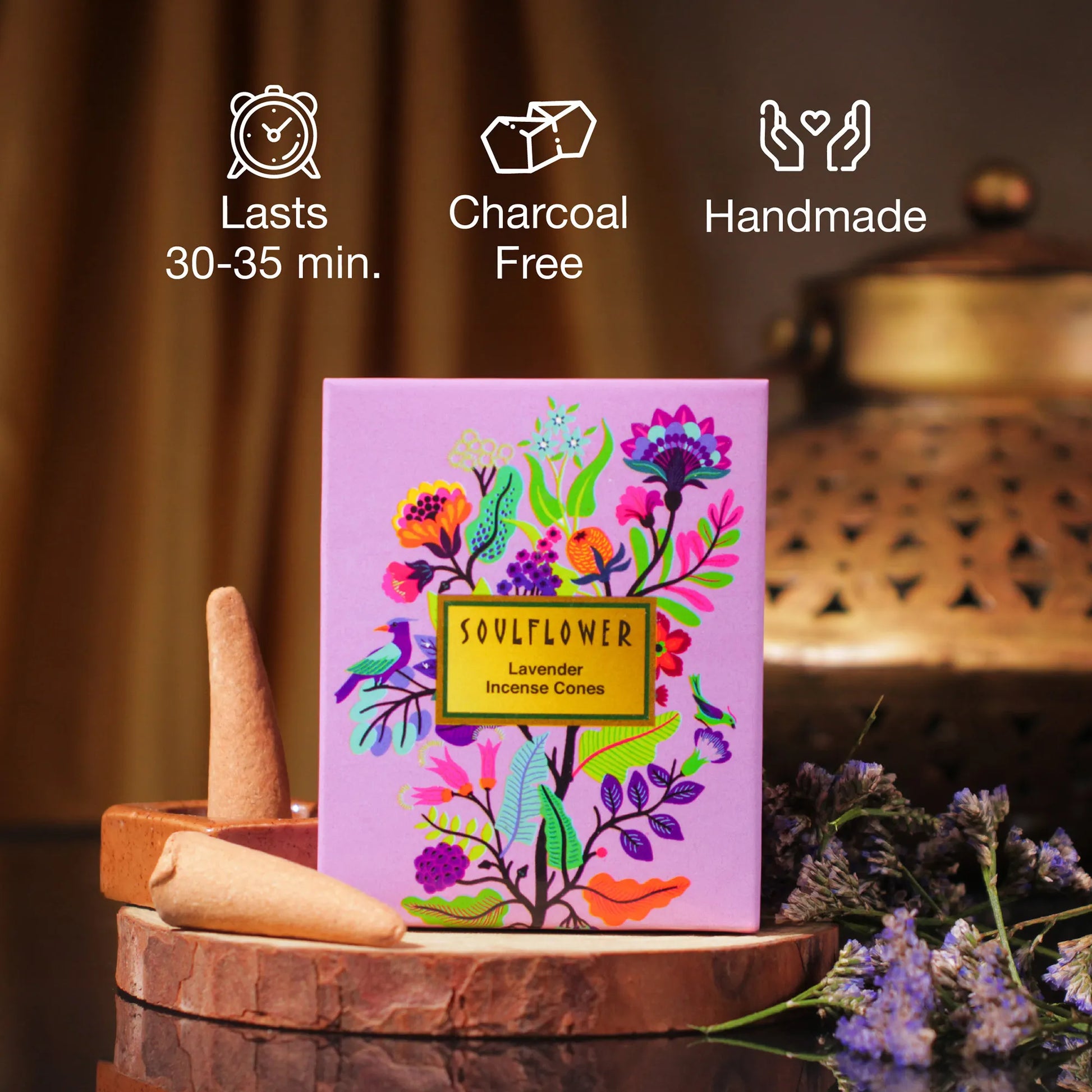 Soulflower Lavender Dhoop Cones Box of 6 – Handmade, Charcoal-Free Incense with 30-Minute Burn Time for Meditation and Pooja