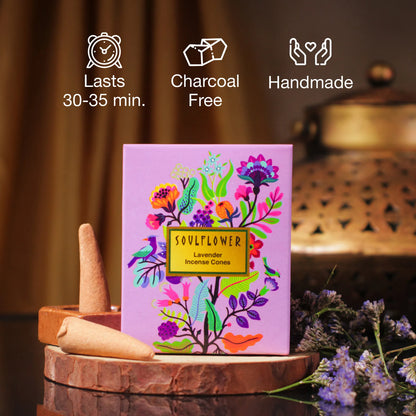 Soulflower Lavender Dhoop Cones Box of 6 – Handmade, Charcoal-Free Incense with 30-Minute Burn Time for Meditation and Pooja