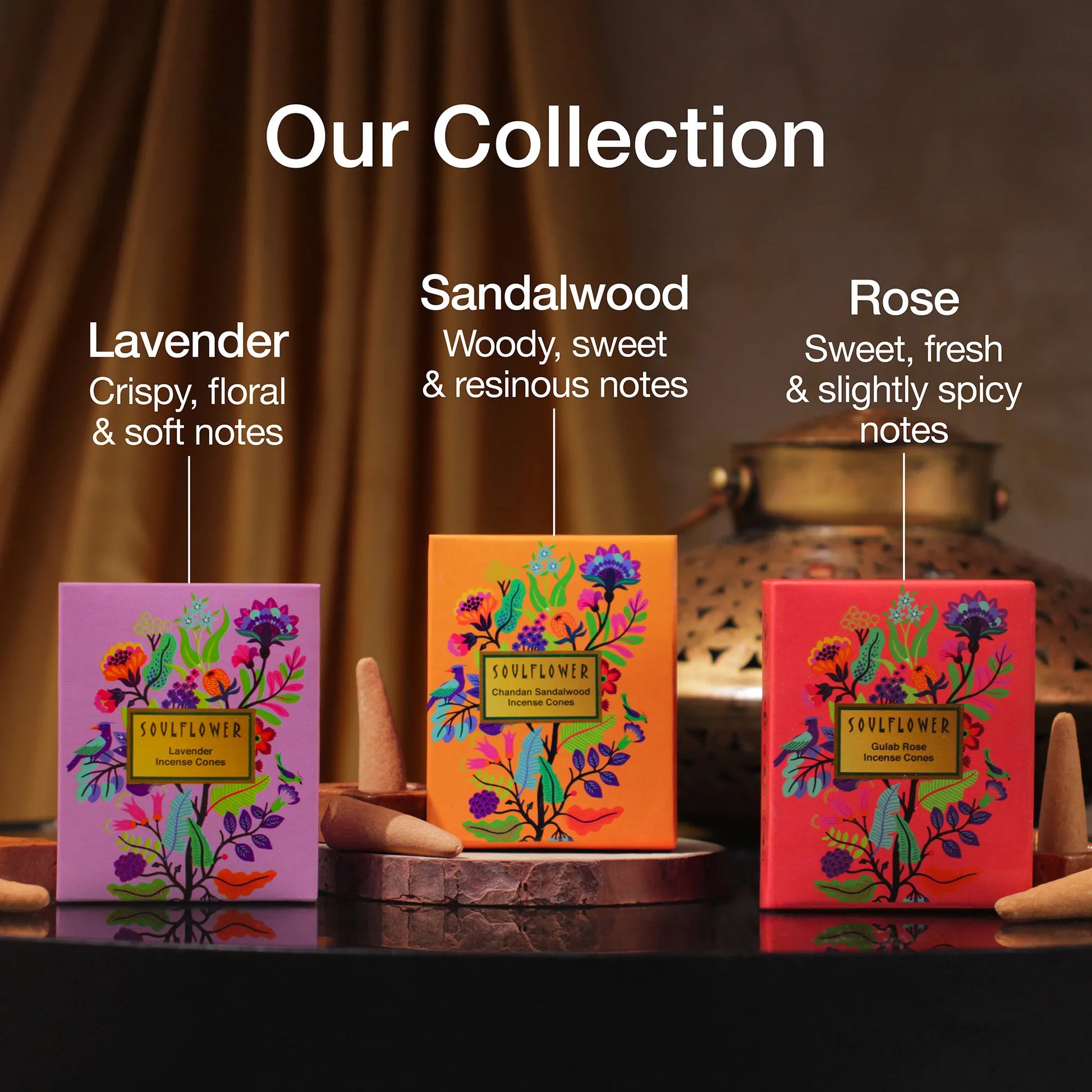 Soulflower Dhoop Cones Complete Collection – Handmade, Charcoal-Free Incense in Sandalwood, Rose, and Lavender Variants for Spiritual and Aromatherapy Use