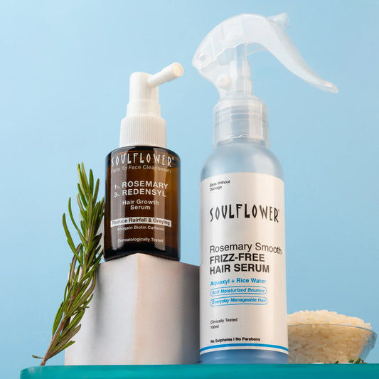 Soulflower Thicker + Frizz-Free Hair Routine Combo, Clinically Tested Rosemary Redensyl + Smooth Hair Serums
