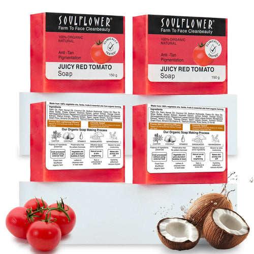 Anti-Tan Juicy Tomato Soap Pack of 4 by Soulflower, Prevents Tan-Lines, Fades Pigmentation, Gentle Exfoliation & Restores Moisture, Handmade